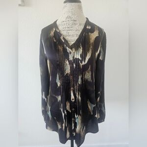 Adriana Papell Dark Brown Button Up V-neck Blouse Size Large